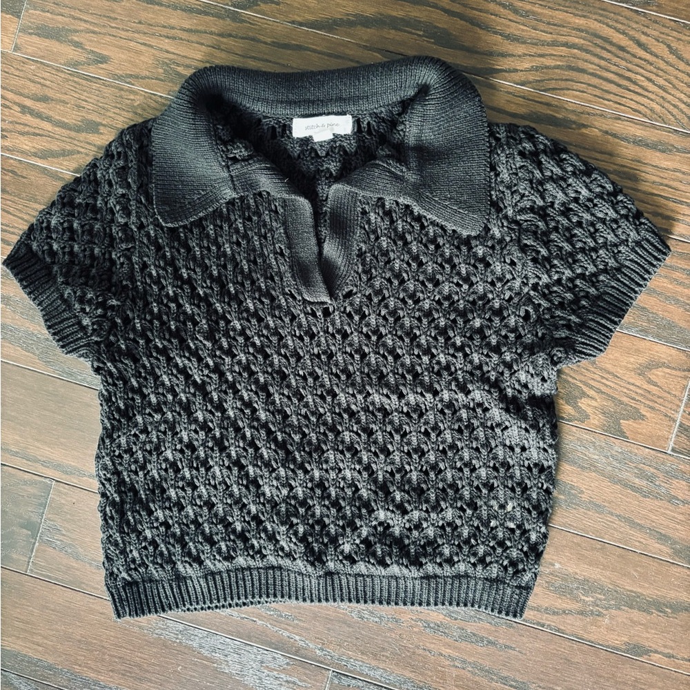 Black Short-Sleeve Knit Polo Sweater - Women